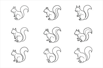 Nine Line Drawings of Squirrels Sitting Profile line art