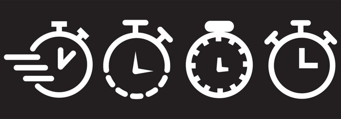 Timer icon set. Alarm clock symbol. Watch countdown vector illustration. Stopwatch sign. Hours, minutes and seconds concept. Simple express pictogram outline collection.