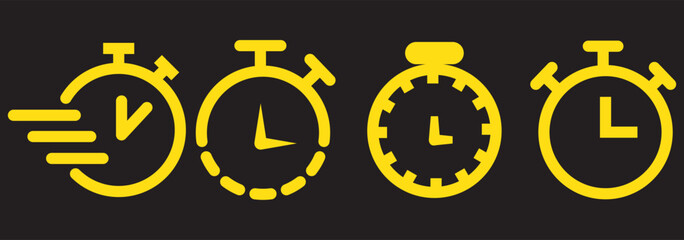 Timer icon set. Alarm clock symbol. Watch countdown vector illustration. Stopwatch sign. Hours, minutes and seconds concept. Simple express pictogram outline collection.