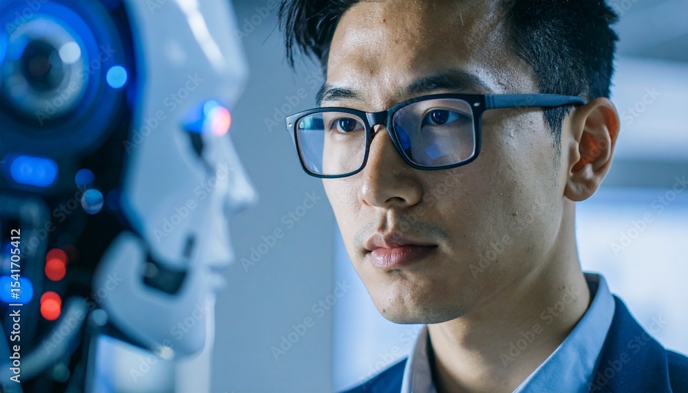 Poster a close up of a man face to face with a robot
