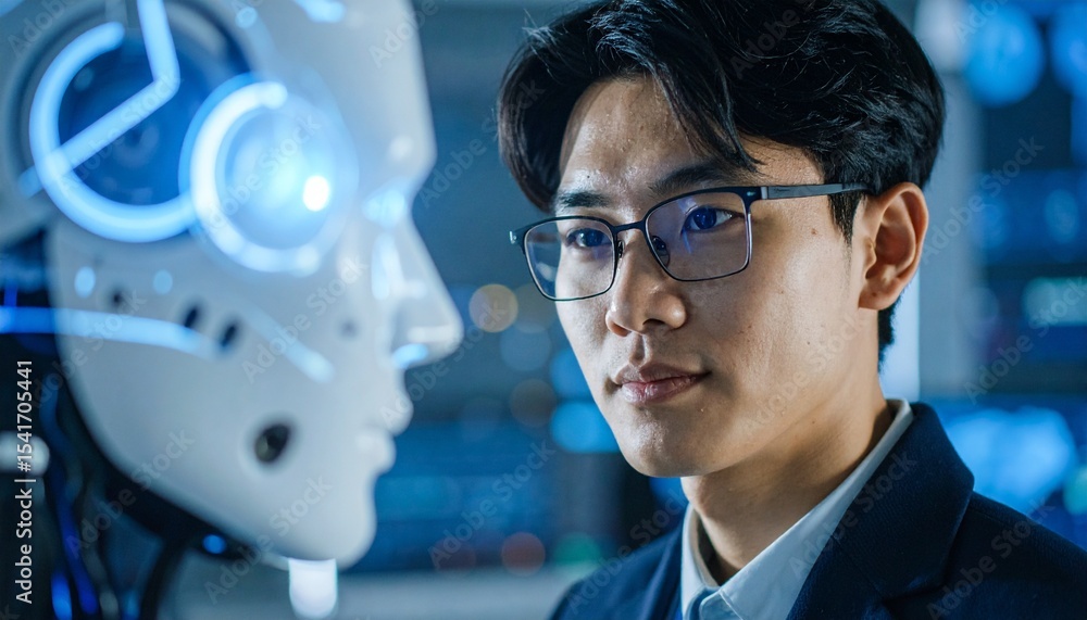 Poster a man gazing at a robot with advanced technology concept. this image highlights the connection betwe