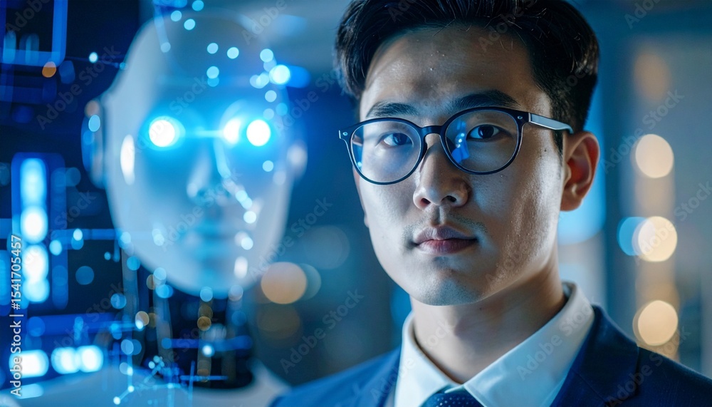 Poster a modern asian engineer posing confidently with a futuristic robot in a laboratory setting