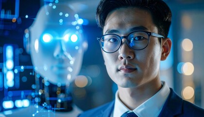 A modern Asian engineer posing confidently with a futuristic robot in a laboratory setting