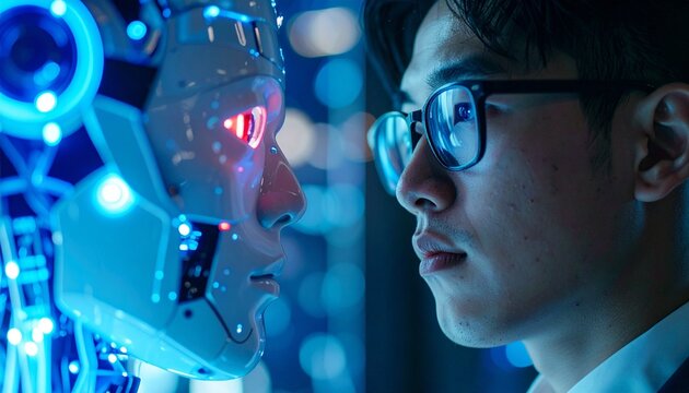 A futuristic vision of a human looking face to face with a robot, with the focus on the eye
