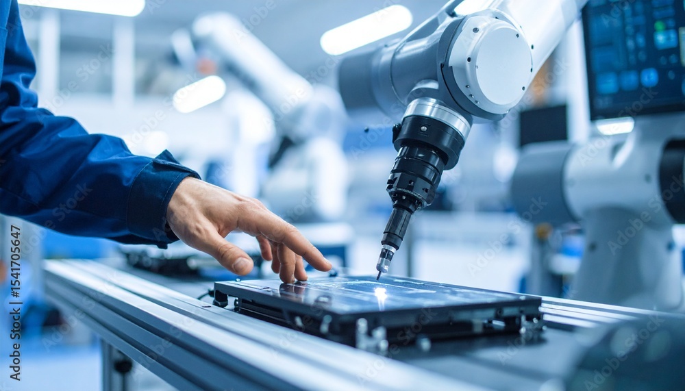 Aufkleber precision of human hand guiding industrial robot in modern factory. the image shows a close up of a 