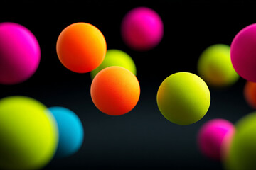 Colorful floating spheres create a dynamic visual display in a dark setting