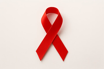 A single red ribbon on a white background symbolizing aids awareness and global health initiatives worldwide