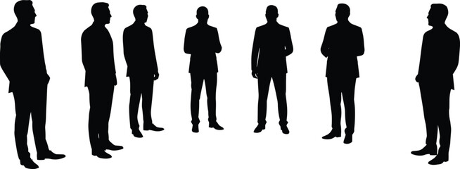 Silhouette of businessmen standing, formal pose, side view, team concept, black vector illustration, isolated, professional look, business attire
