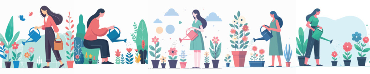 vector character woman watering flowers