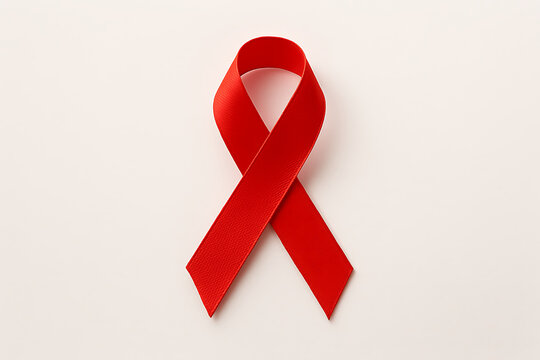A single red ribbon on a white background symbolizing aids awareness and global health initiatives worldwide