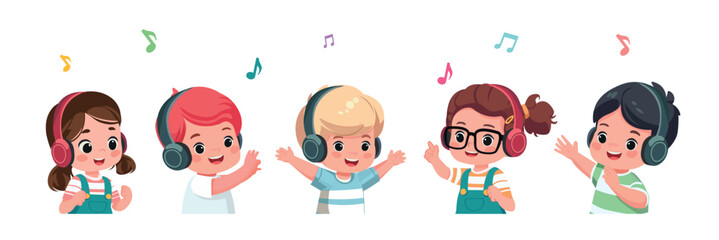 happy kids listening to music cartoon vector illustration