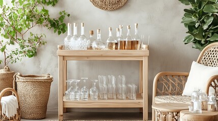 A sleek wooden bar cart filled with glassware and drinks, perfectly styled in a modern living room corner.

