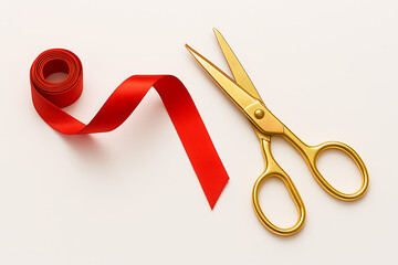 A golden scissors and a red ribbon on a white surface representing a grand opening ceremony event