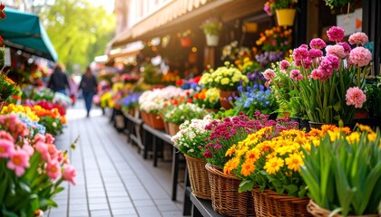 Fototapeta premium Vibrant floral display at a flower shop, bustling with colorful blooms in an urban setting. The flowers in baskets are of different colors and a people is walking on the street