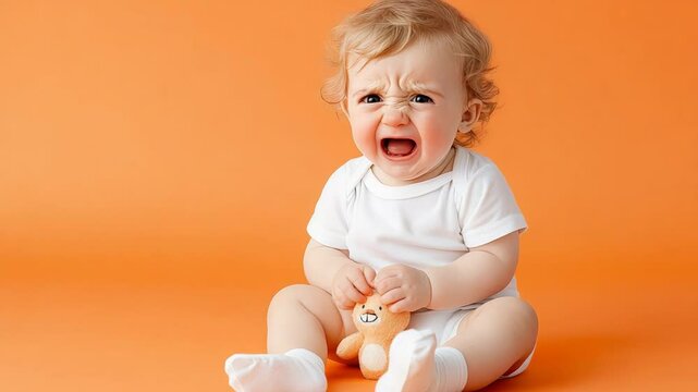 Crying baby holding toy on bright orange background expressing emotions