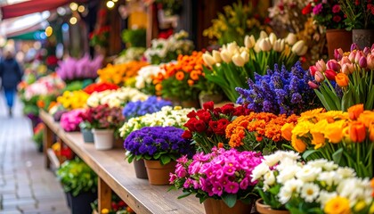A vibrant display of flowers in a shop. There are a wide variety of colorful flowers in various pots and arrangements