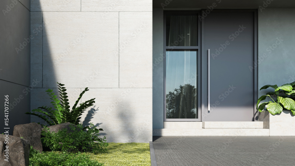 Poster modern white house, minimal architecture with lawn grass and concrete entrance, 3d rendering of luxu