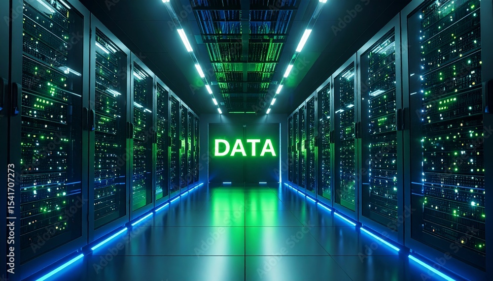 Poster data center room with neon lighting, high-tech information processing. server racks and servers in a