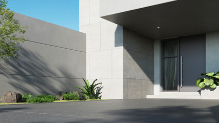 Modern white house, Minimal architecture with lawn grass and concrete entrance, 3d rendering of luxury property building