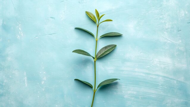  Minimalist Green Plant Stem on Chalk Blue Background.