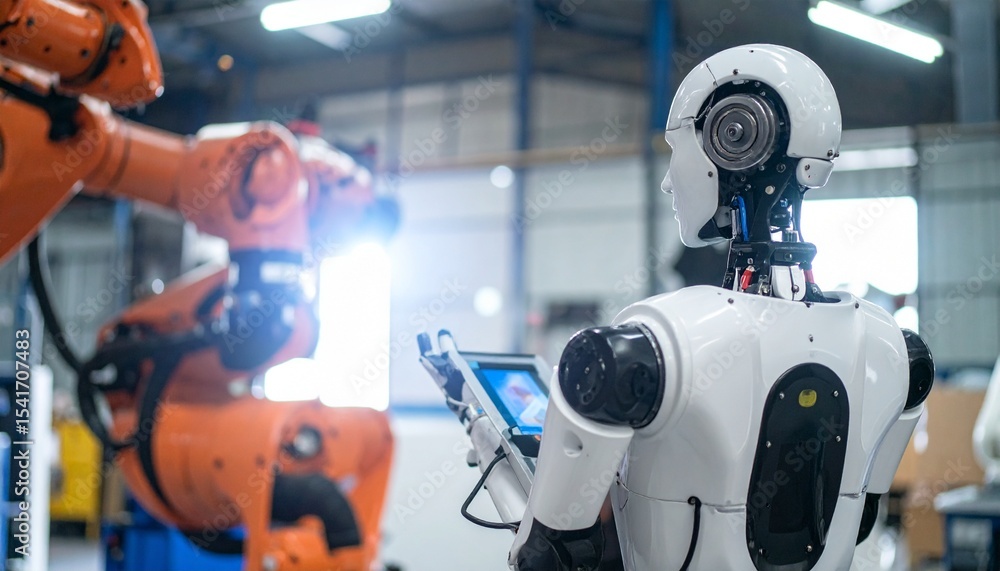 Poster robots at a modern automated factory, showcasing advanced technology and innovation.