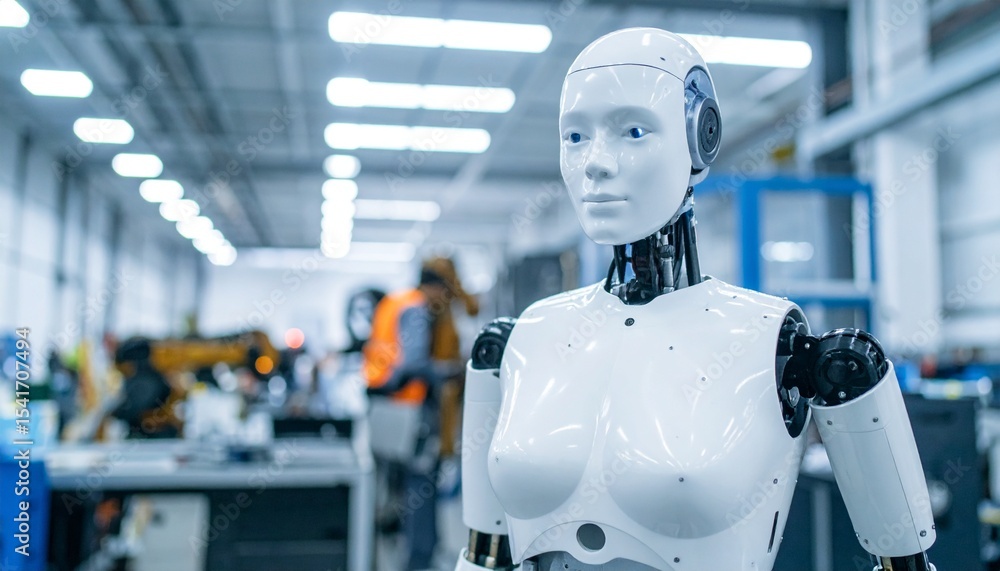 Poster a humanoid robot stands confidently in a modern factory setting. its sleek design and composed expre