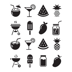 Summer icons feature barbecue fruit and drink isolated on white background