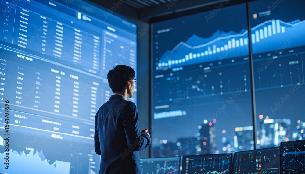 Poster a determined person gazing at data charts displayed on a big monitor screen. the charts represent fi