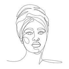 Continuous linear drawing of African American woman. Abstract minimalist one line female face isolated on transparent background. Vector illustration for Juneteenth, black history month.