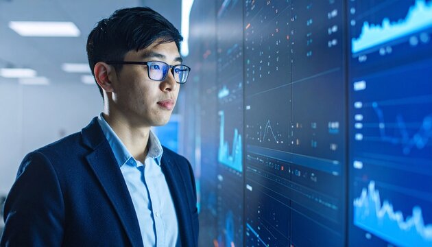 A focused analyst observes a display of data visualizations. He appears deep in thought as he studies the patterns on the interactive display. The scene is modern.