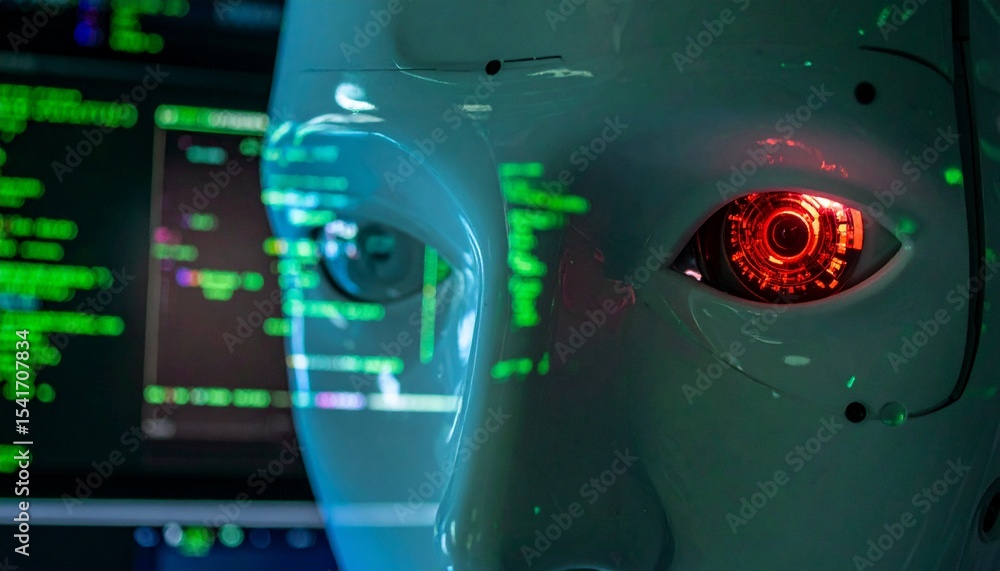 Poster close-up of a robot's face, one eye glowing red, reflecting lines of code on a computer screen in th