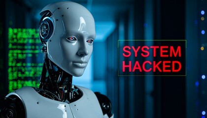 A futuristic robot with a "system hacked" sign, possibly indicating a cyber security breach. This visual portrays a sense of technological vulnerability and digital threat