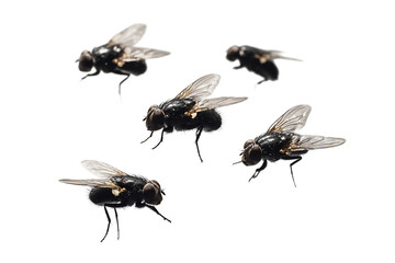 Five house flies isolated on transparent background
