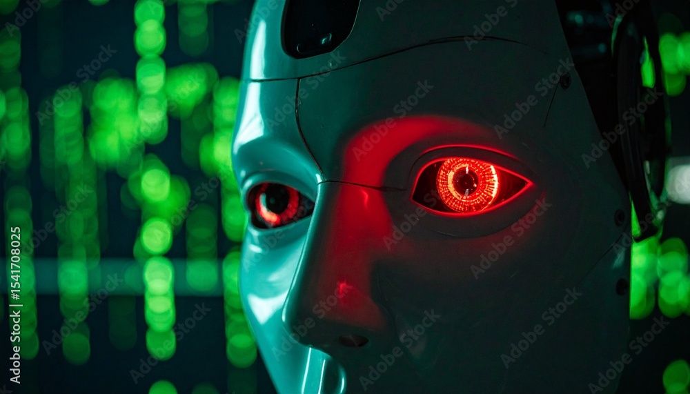 Poster an intricate close-up of a futuristic robot with glowing red eyes and a digital matrix in the backgr