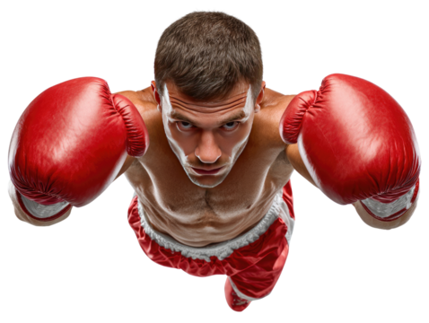 Ready to Fight: The focused expression of a muscular boxer with red gloves, exudes power and determination, poised for an intense match