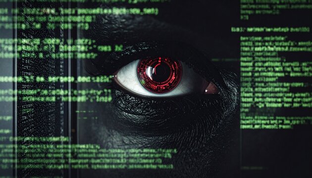 A cybernetic eye of a cyborg surrounded by code in a dark, high-tech environment. The intense red eye suggests advanced technology and surveillance