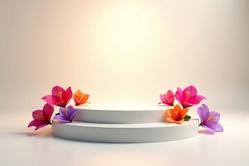 Matte gray podium with summer Bougainvillea flowers in bloom, arranged in clean portrait layout, summer vibes background, summer vibes podium, flower podium