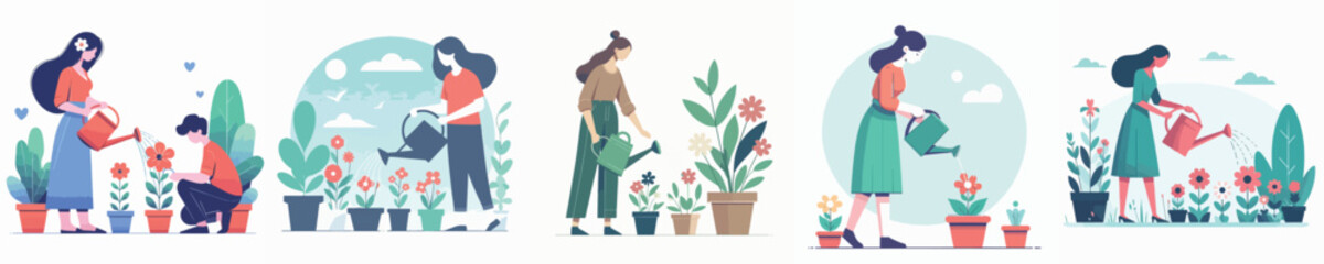 vector character woman watering flowers