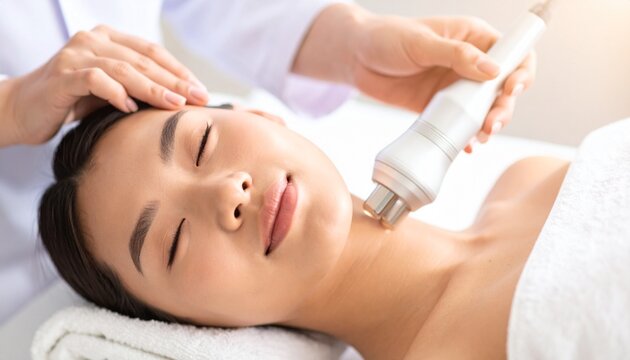 An aesthetic treatment with focused care and advanced beauty treatments. The picture shows a professional holding an ultrasonic treatment device on a woman's neck.