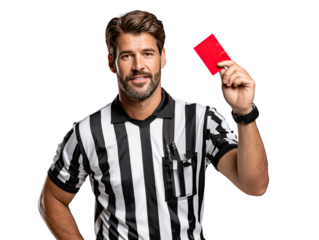 Referee's Warning: A referee with stern authority raises a red card, a symbol of warning or penalty, in a studio shot that captures the decisive moment of a sports game.