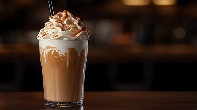 Pumpkin spice latte drink milkshake with cream and cinnamon