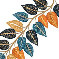 Obraz premium Decorative circular arrangement of colorful autumn leaves in orange, blue, gold, and black.