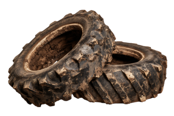 Two mud covered tractor tires isolated on transparent background