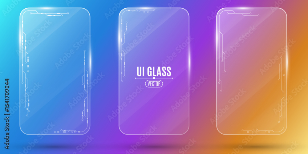 Poster set of futuristic ui glass cards featuring transparent panels with circuit board and electronic elem