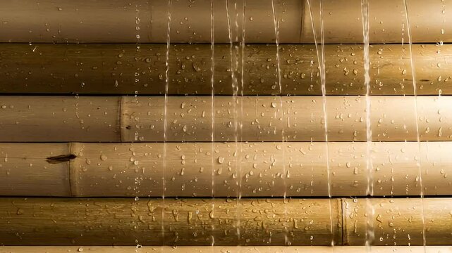 Close Up Of Water Flowing Over Bamboo Stalks Displaying Textured Surface In Brown Tones