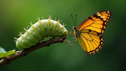 Metamorphosis captured in nature with a vibrant caterpillar and butterfly interaction