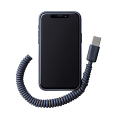 Smartphone with coiled charging cable on transparency background, showcasing modern technology