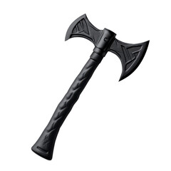 Tactical tomahawk with black finish, featuring textured handle and dual blades, exudes strength