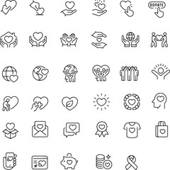 Thin line icon set of charity donation helping giving care compassion volunteer dundraising. Pixel perfect icons, editable stroke.