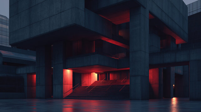 Urban Brutalist soviet building at night red lights entrancegenerative ai